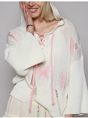 POL Size MEDIUM Cream and Pink Hooded Lace-Up Star Sweater NWOT